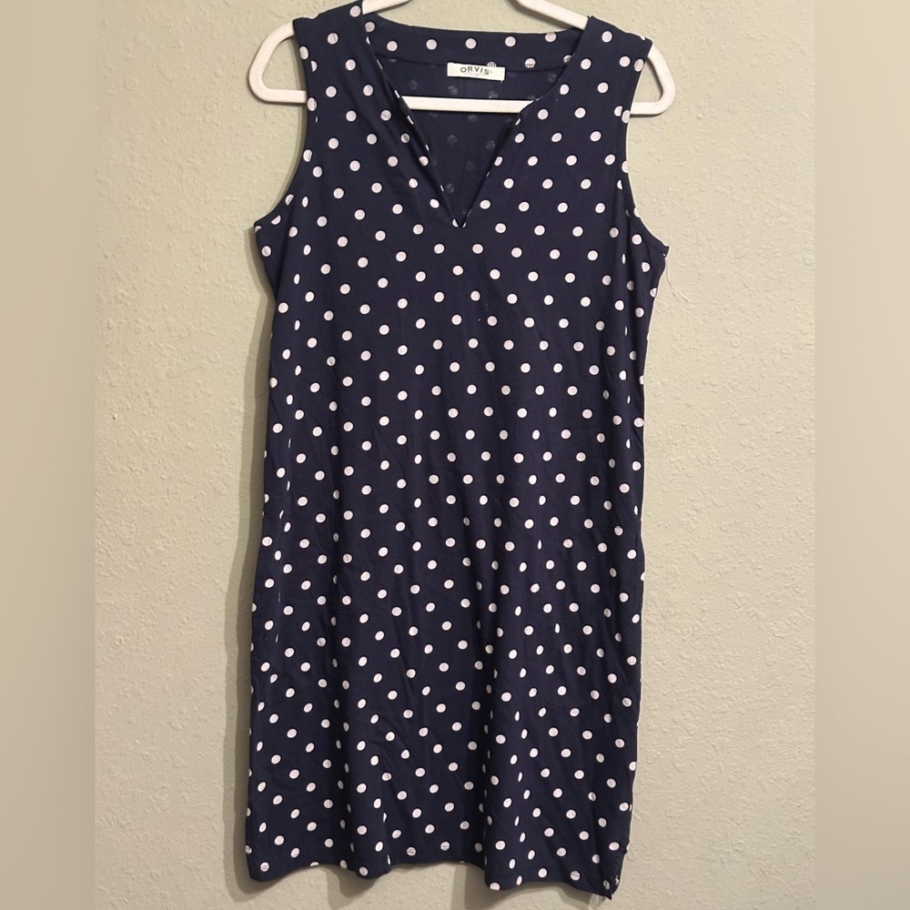Orvis Blue and White Cotton Jersey V-Neck Sleeveless Dress - Picture 8 of 12